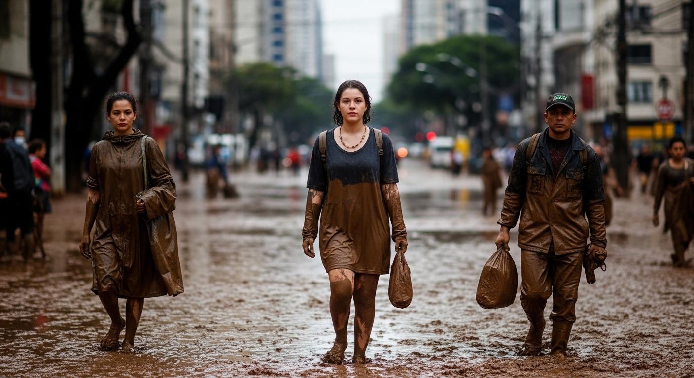 Brazilian city street after floods showing diverse pedestrians wearing mud-ready street style with functional outerwear