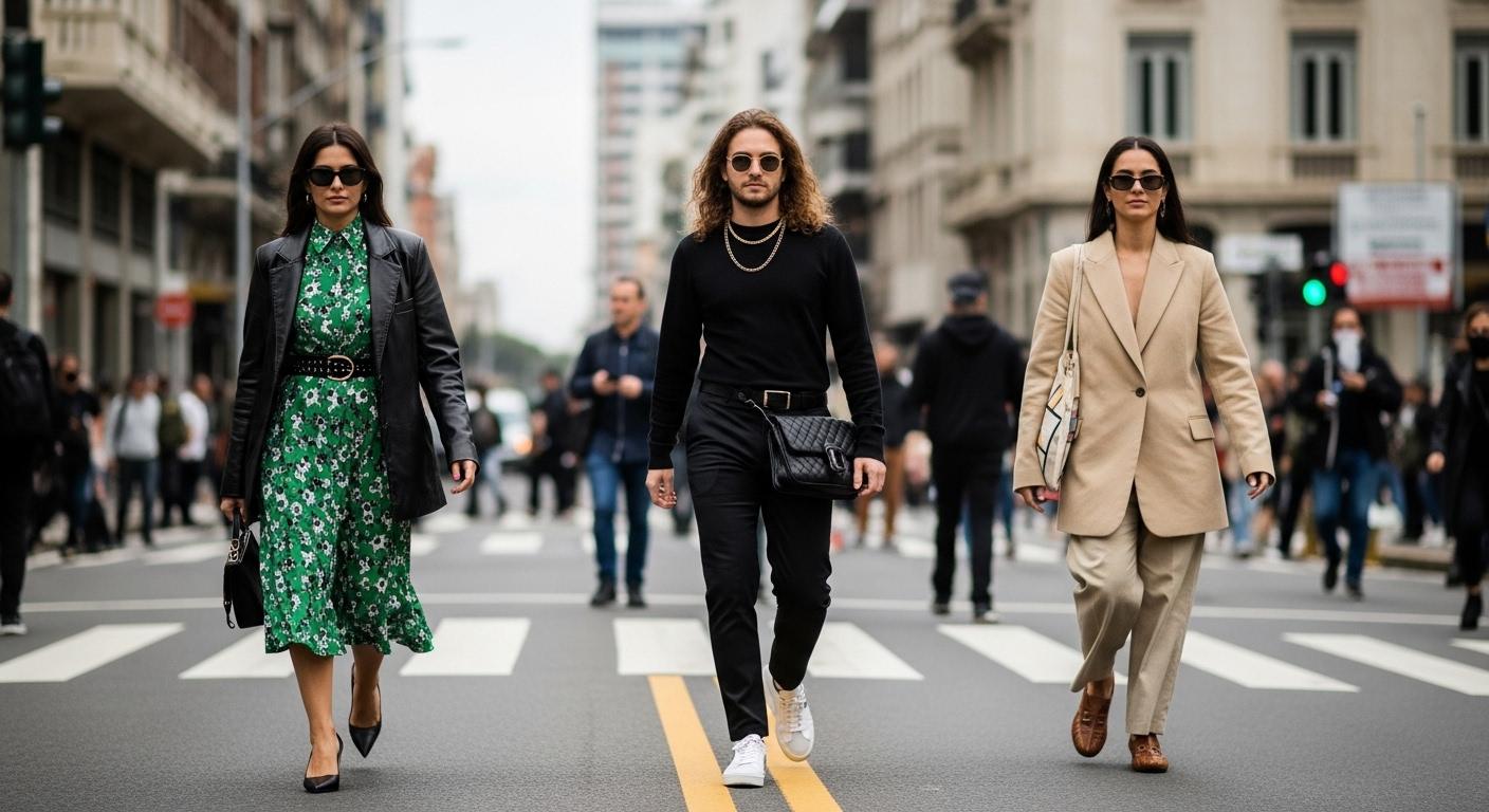 Brazilian street style montage on a rain-soaked urban street with colorful outfits and murals.