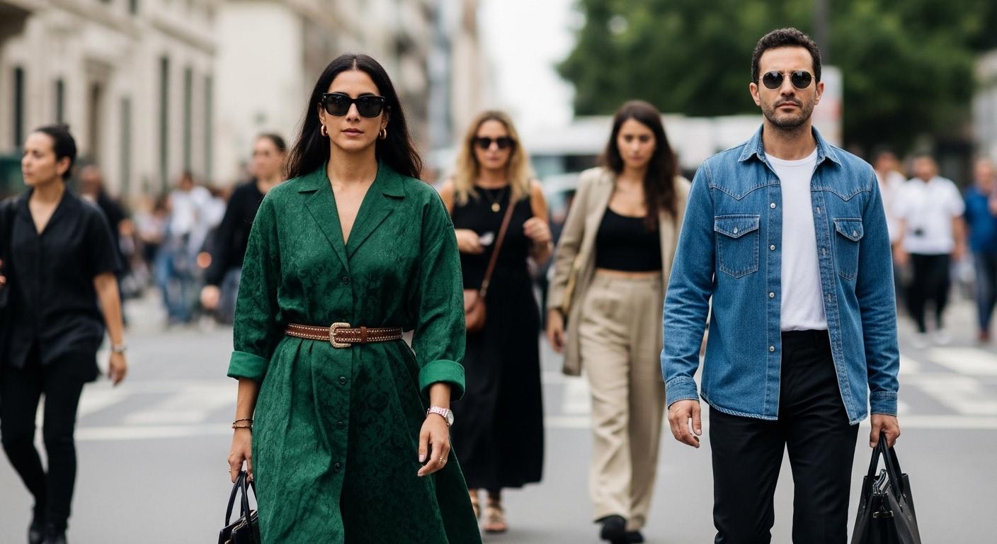Brazilian street style scene with colorful outfits and urban backdrop on a rainy day.