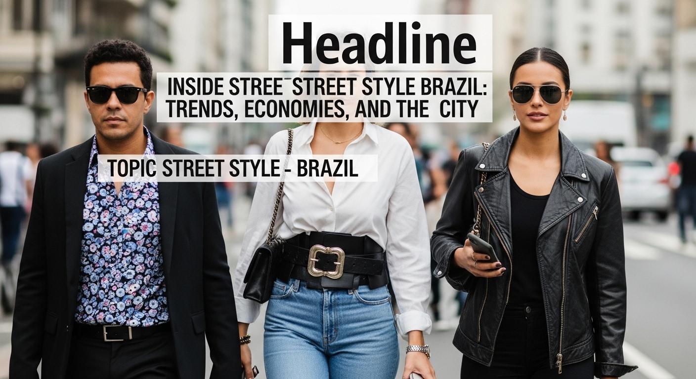 Street-style fashion on a Brazilian city street with bold colors and urban textures.