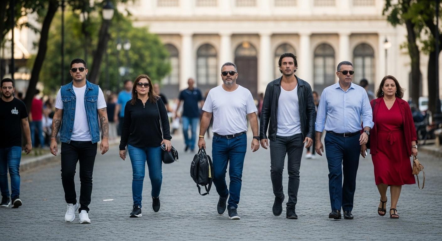 Urban Brazilian street style fashion near transit hub with a subtle nod to mobility and fuel costs.