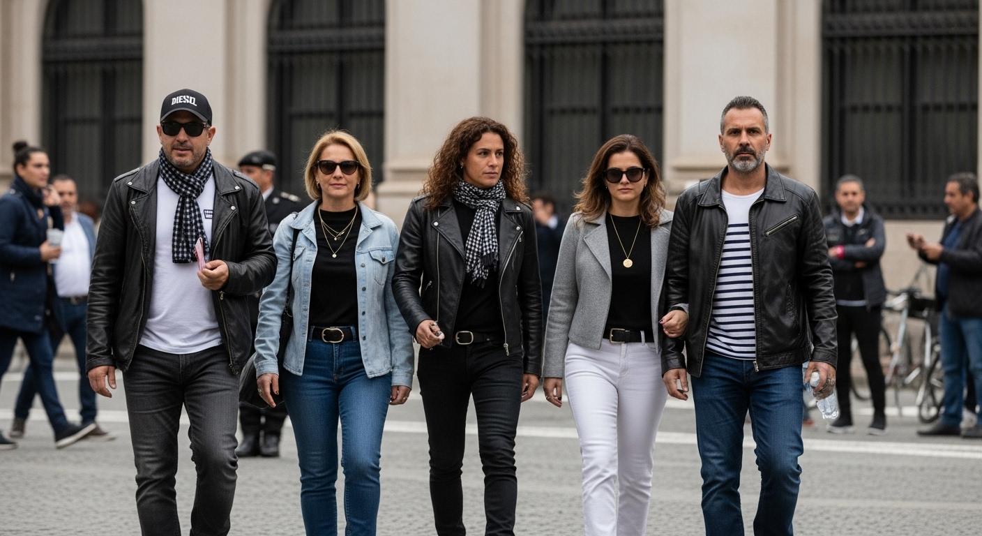 Urban Brazilian street style fashion near transit hub with a subtle nod to mobility and fuel costs.