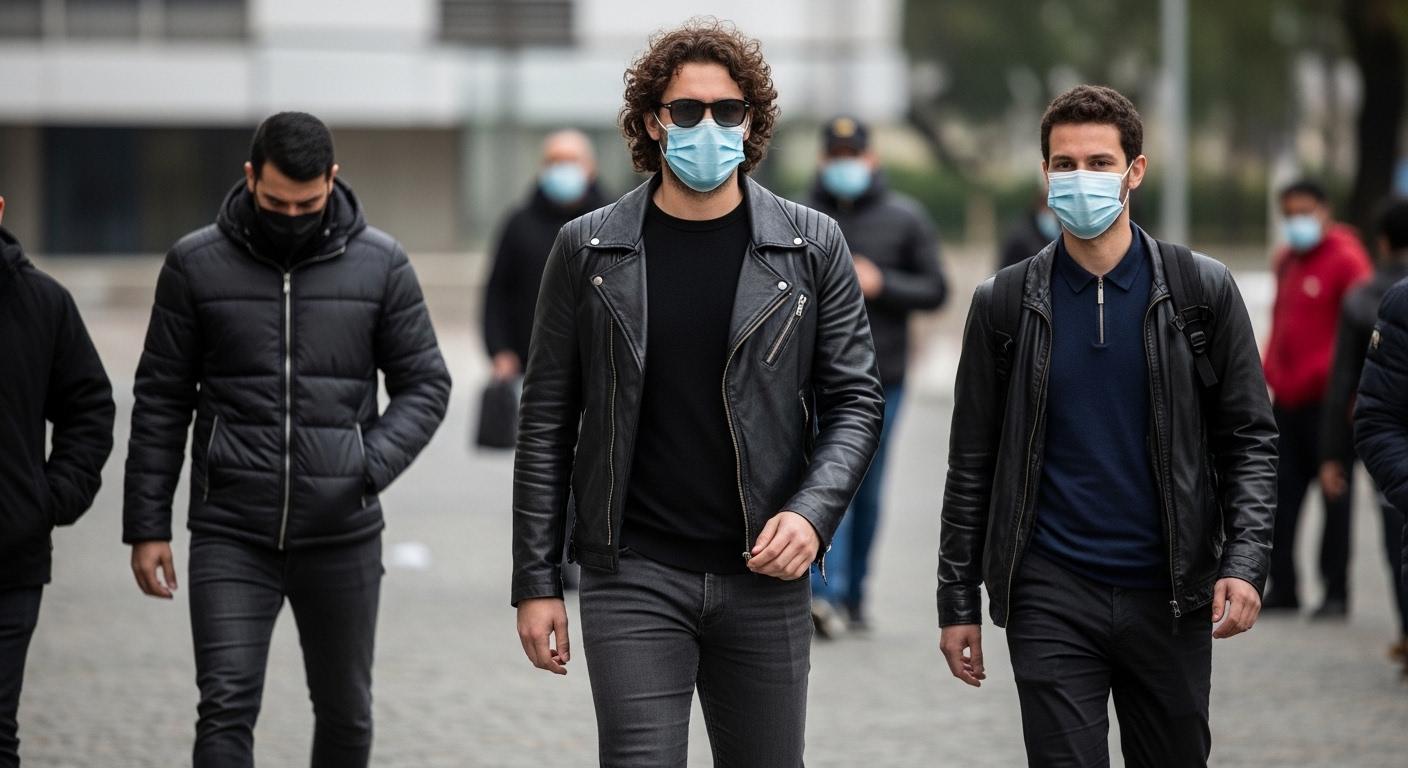 Street-style fashion in urban Brazil, featuring bold colors and sneakers in a tax-season context.