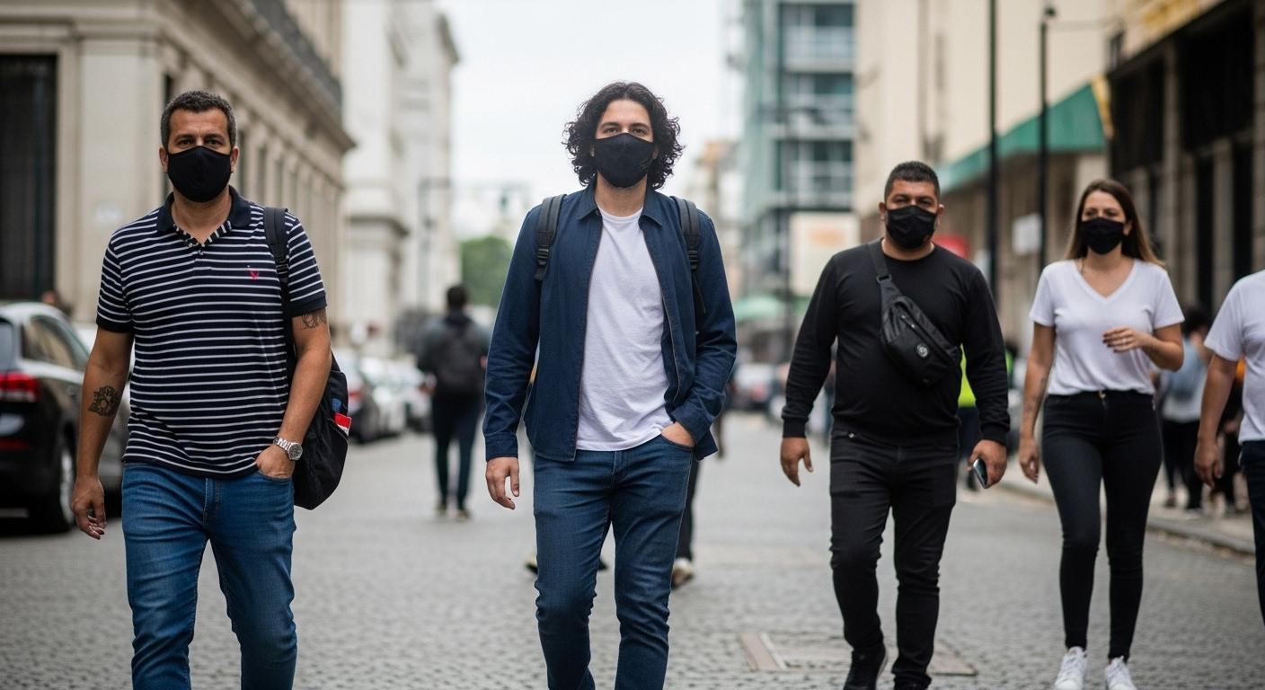 Street-style fashion in urban Brazil, featuring bold colors and sneakers in a tax-season context.