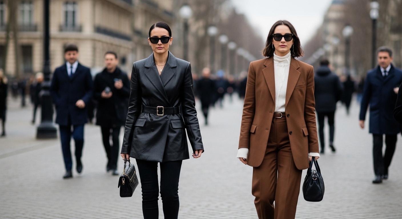 Street style at Paris Fashion Week featuring bold prints and tailored silhouettes on a Parisian street.