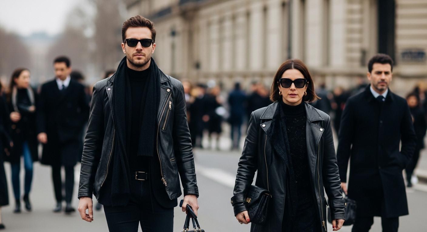 Street style during Paris Fashion Week showing tailored coats, wide-leg pants, and bold accessories on a diverse crowd n