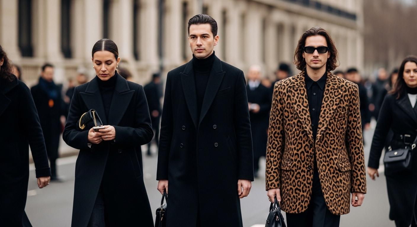 Street style during Paris Fashion Week showing tailored coats, wide-leg pants, and bold accessories on a diverse crowd n
