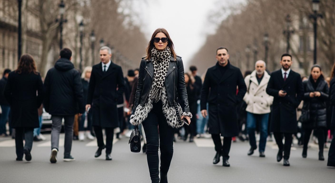 Paris Fashion Week street style ensemble on a bustling sidewalk