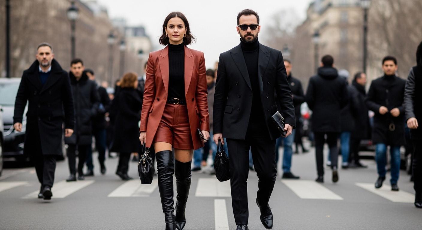Street-style look from Paris Fashion Week featuring oversized outerwear and tailored pieces.