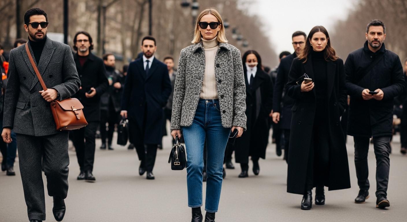 Street style looks at Paris Fashion Week featuring tailored silhouettes, sneakers, and bold accessories.