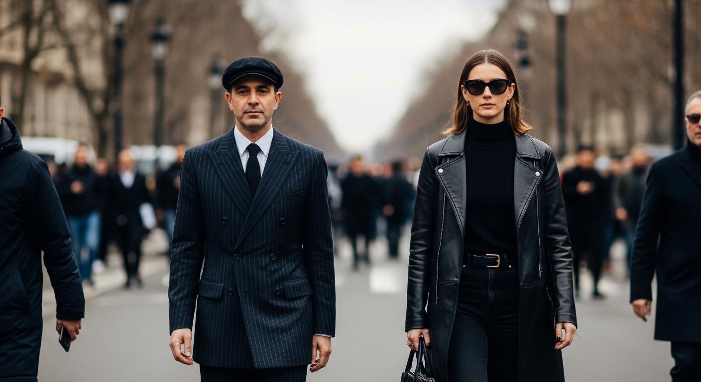 Paris Fashion Week Street Street Style scene with tailored silhouettes and bold outerwear along a city street.