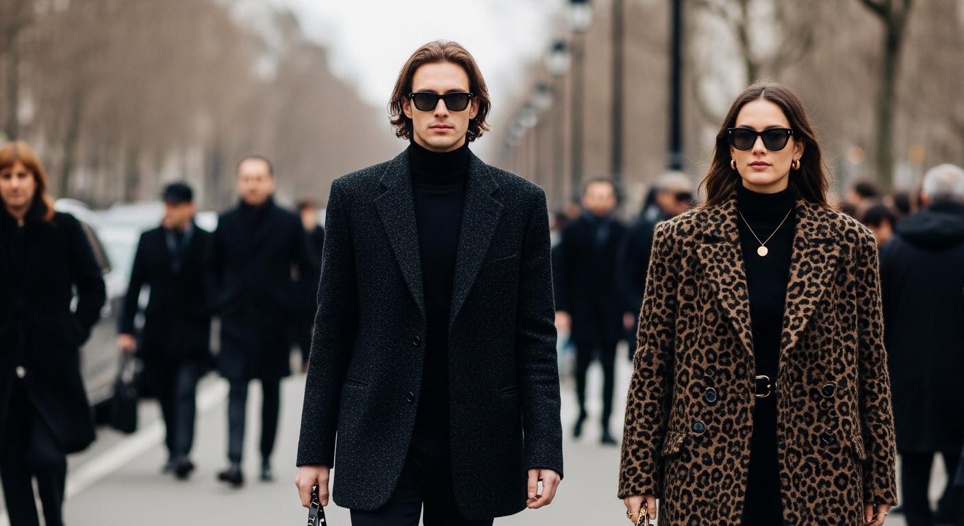 Paris Fashion Week street style scene with bold coats and sneakers on a busy sidewalk.