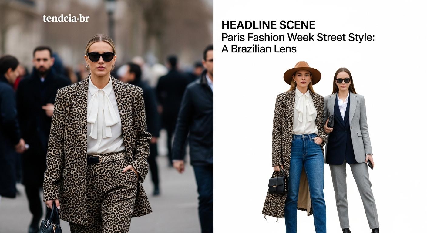 Paris Fashion Week street style scene with bold coats and sneakers on a busy sidewalk.