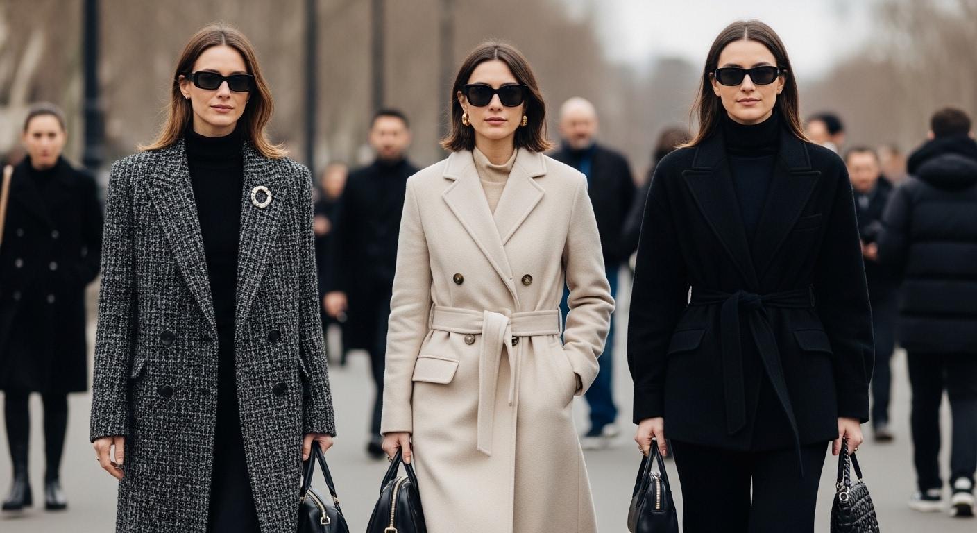 Paris Fashion Week street style photo with diverse outfits on the sidewalk.