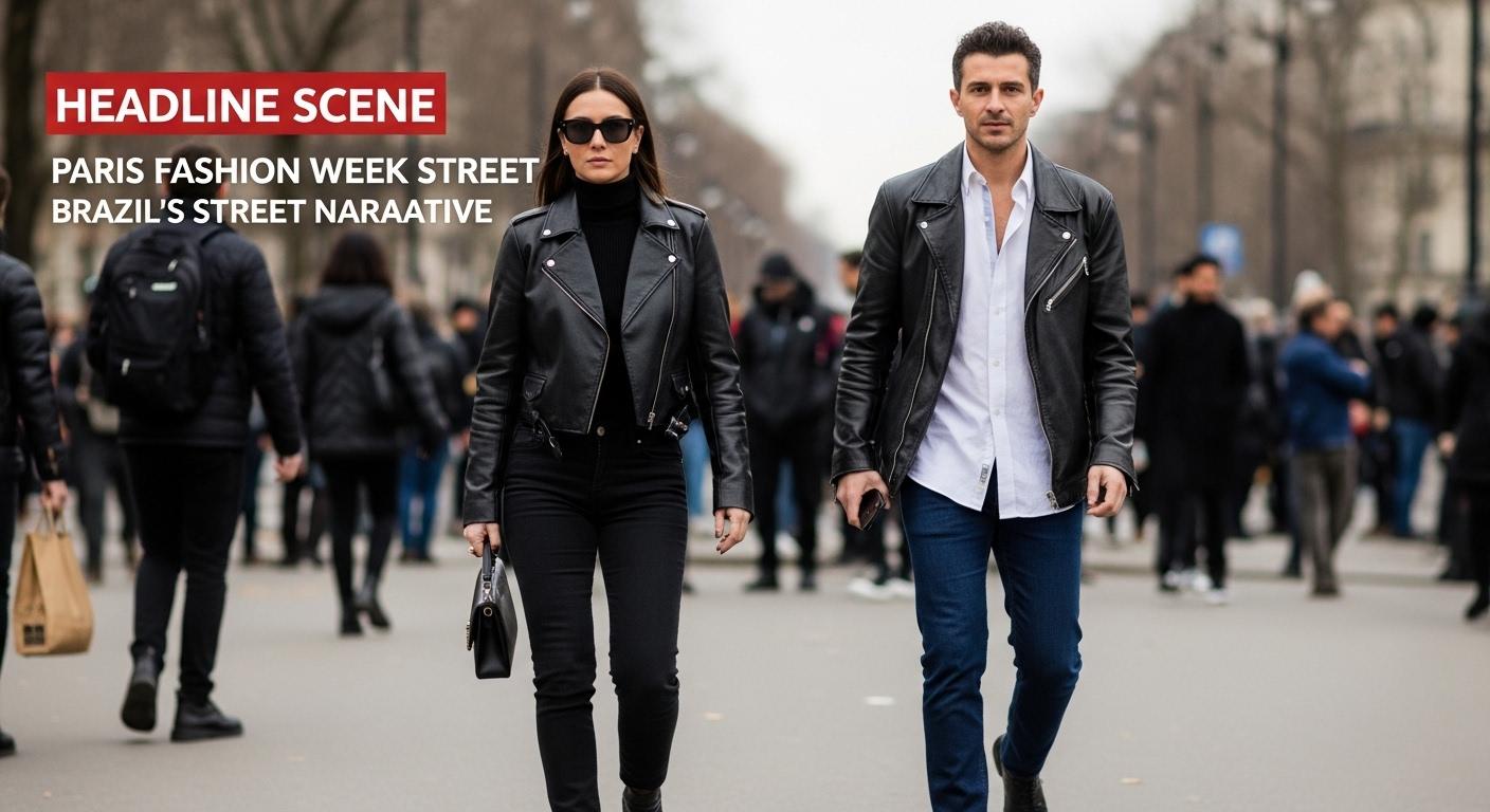 Paris Fashion Week street style: oversized blazer, cargo details, and bold sneakers on a cobblestone street.