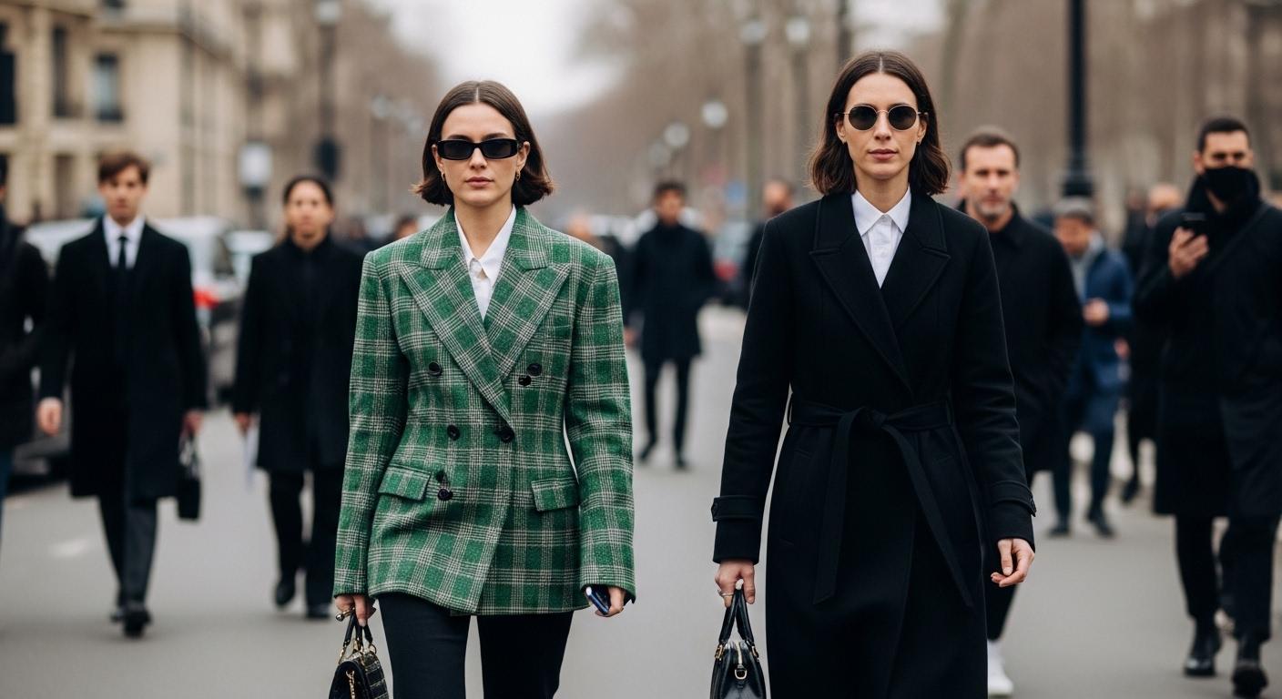 Paris Fashion Week Street Street Style: diverse outfits with oversized tailoring and sneakers on urban Paris streets.