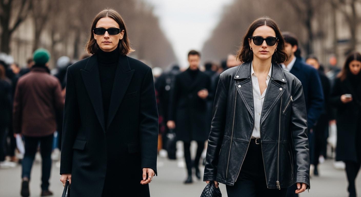 Street style outside Paris Fashion Week venues showing diverse attendees, vibrant outfits, and urban Paris backdrop.