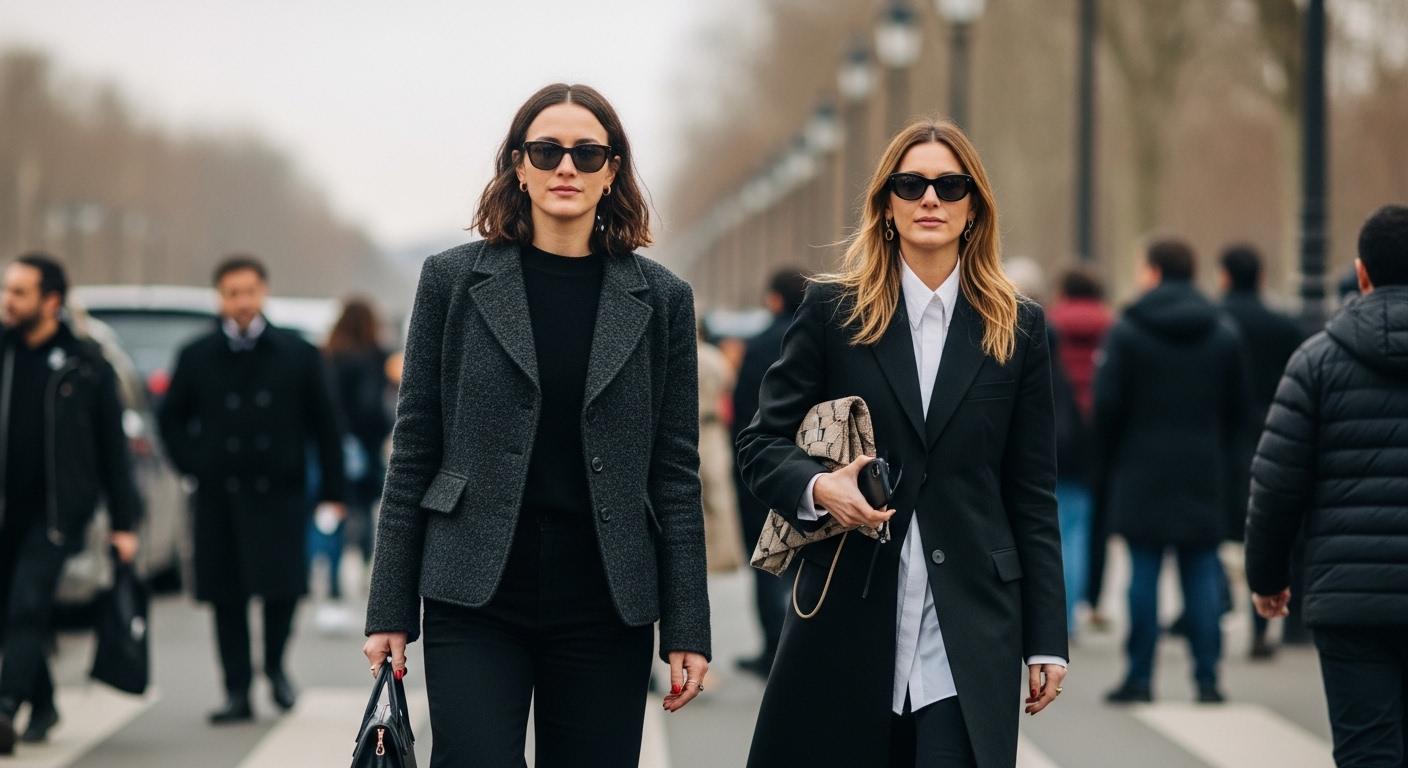 Street style montage from Paris Fashion Week showing bold tailoring, color blocks, and street photography.