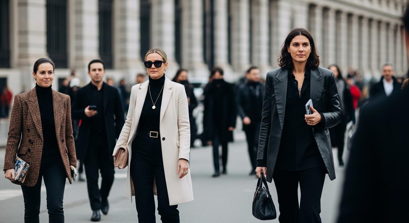Brazilian fashion observers analyzing Paris Fashion Week street style looks on city streets