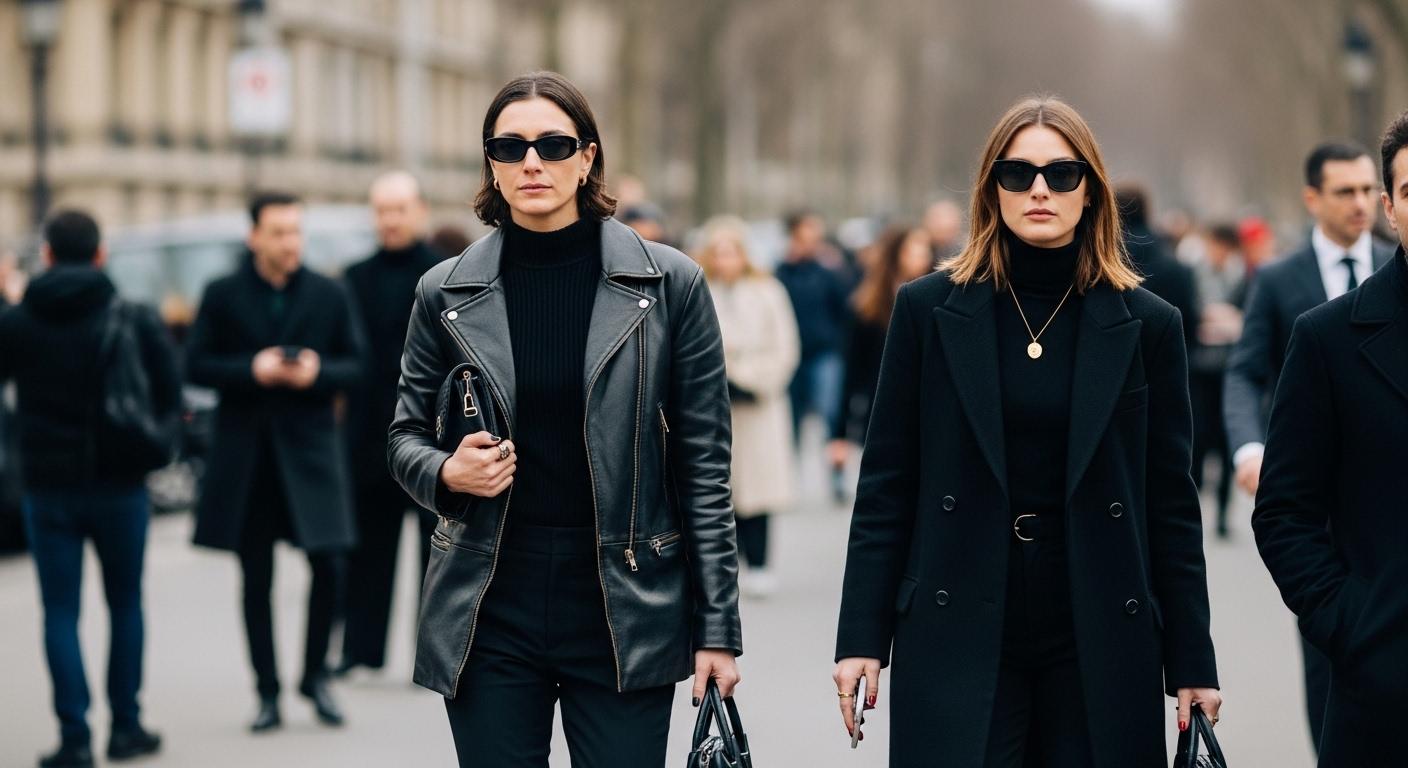Paris Fashion Week street style with tailored jackets and bold accessories captured on a city street.