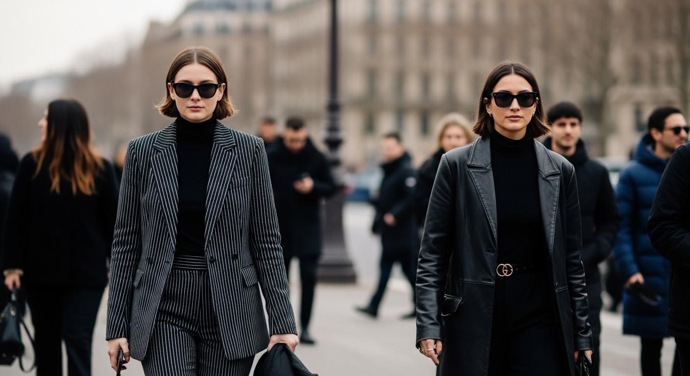 Paris Fashion Week street style scene with bold outerwear and colorful knits.
