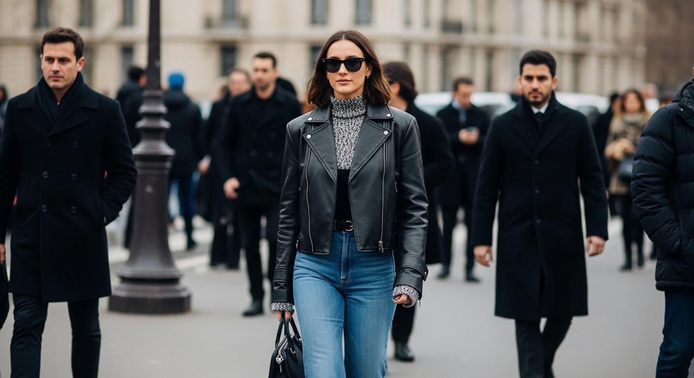 Paris Fashion Week street style scene with bold outerwear and colorful knits.