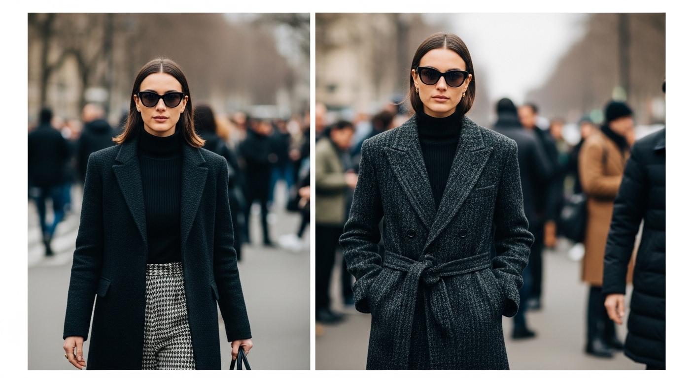 Paris Fashion Week street style scene with diverse attendees wearing tailored outerwear, sneakers, and bold accessories.