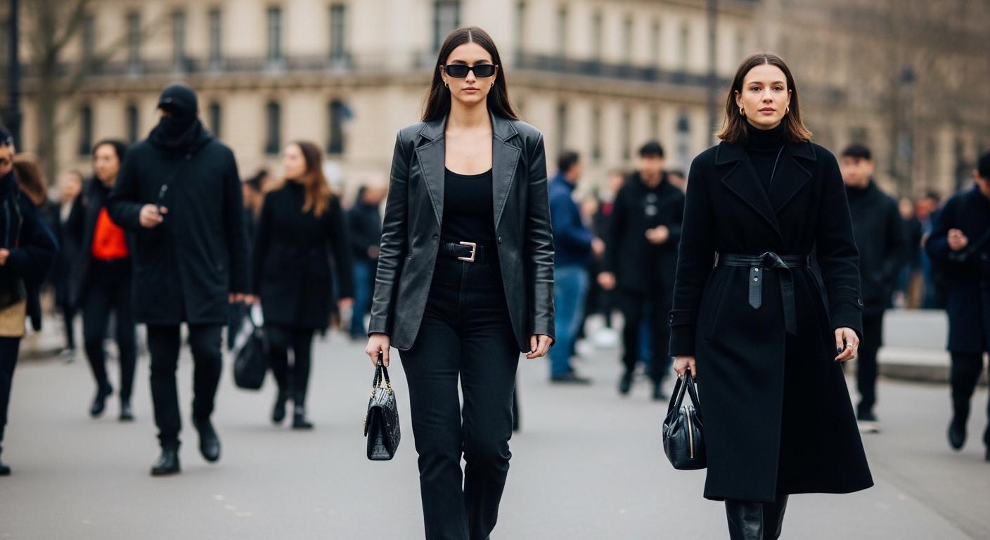 Street style outside Paris fashion shows featuring coats, boots, and bold accessories