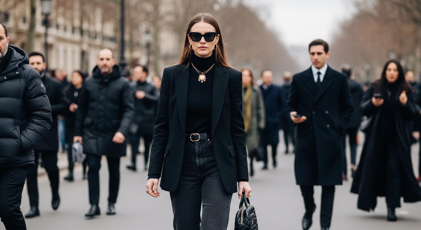 Paris Fashion Week street style crowd wearing tailored outerwear and colorful knits