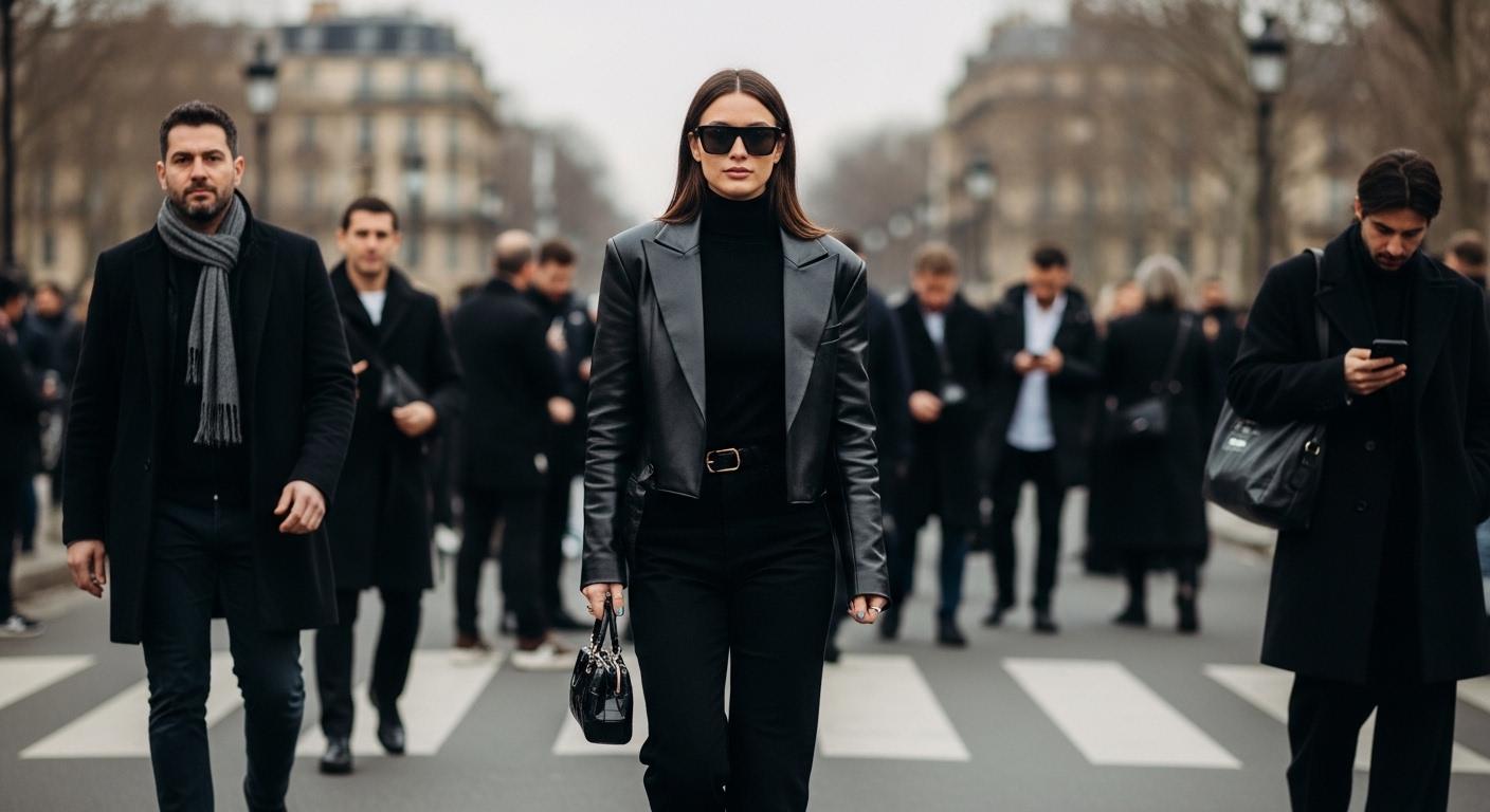Paris Fashion Week street style crowd wearing tailored outerwear and colorful knits