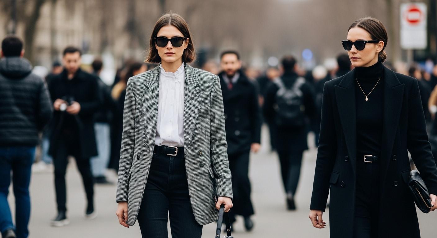 Paris Fashion Week street style crowd featuring bold tailoring and colorful knits.