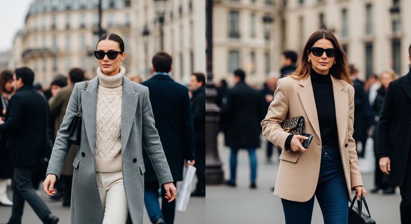 Paris street style looks featuring tailored coats and colorful knits during Fashion Week, with practical footwear and ur