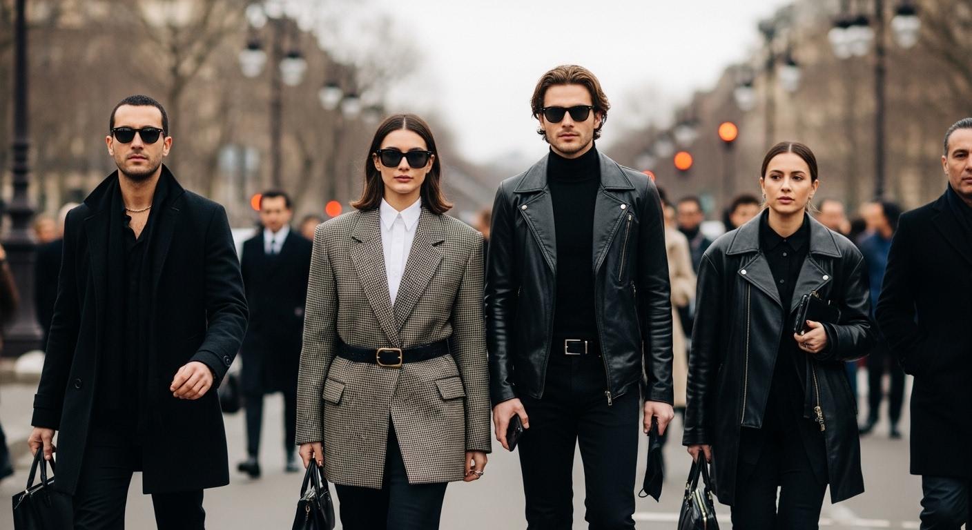 Paris street style looks featuring tailored coats and colorful knits during Fashion Week, with practical footwear and ur