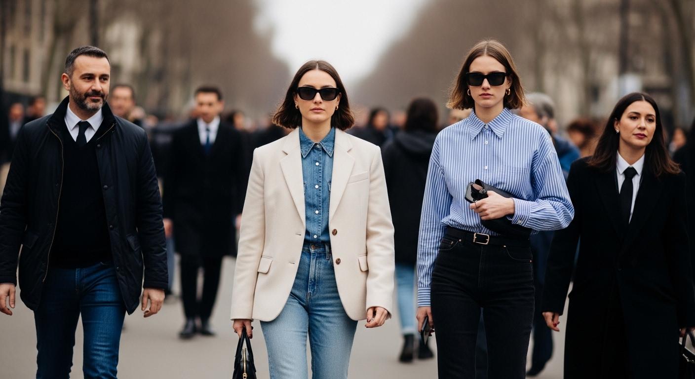 Street style outside Paris Fashion Week shows with diverse outfits and bold textures.