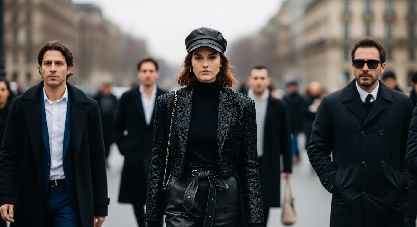 Paris street fashion featuring oversized outerwear and bold accessories on a walkway.