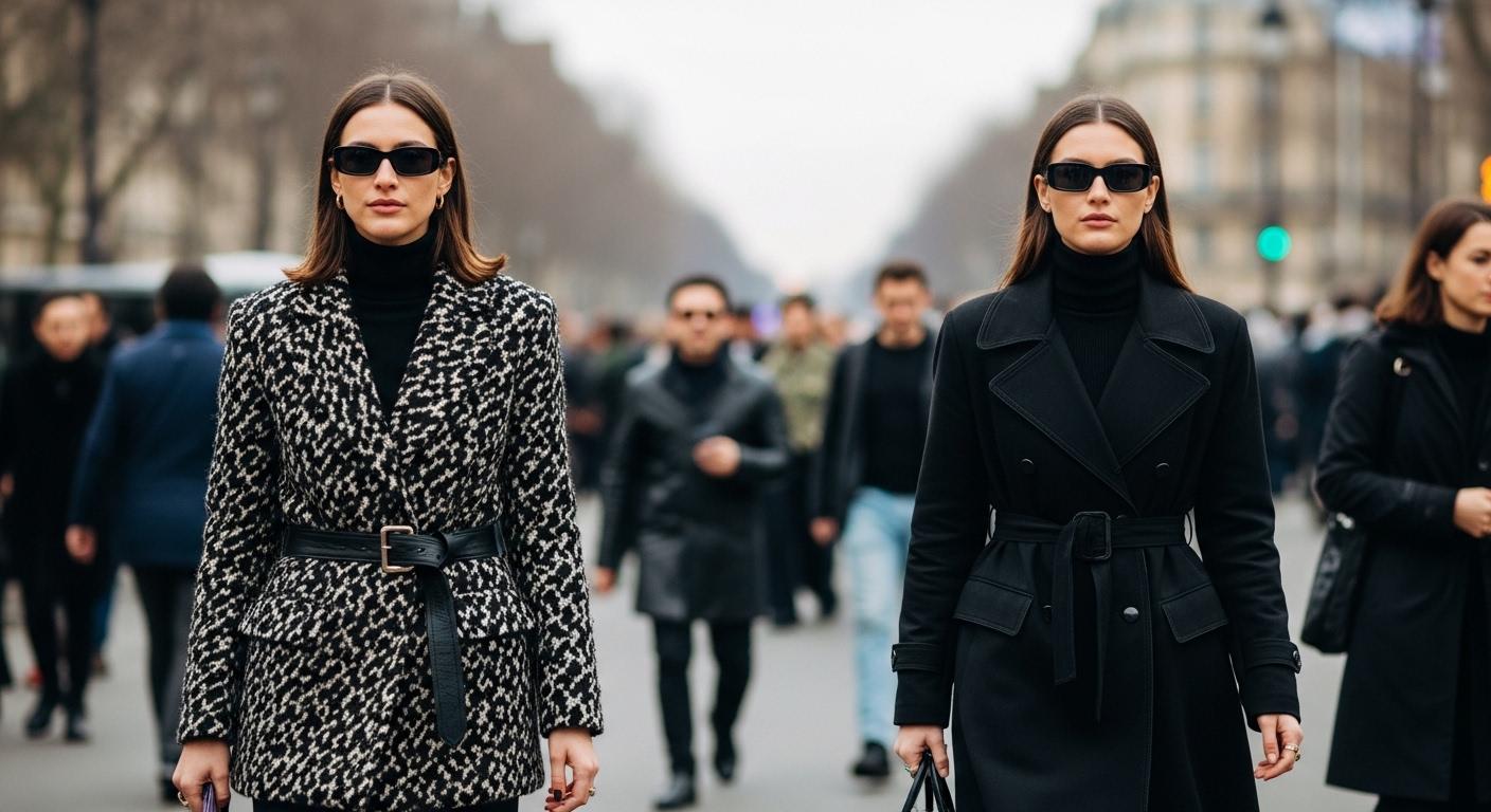 Paris street fashion featuring oversized outerwear and bold accessories on a walkway.