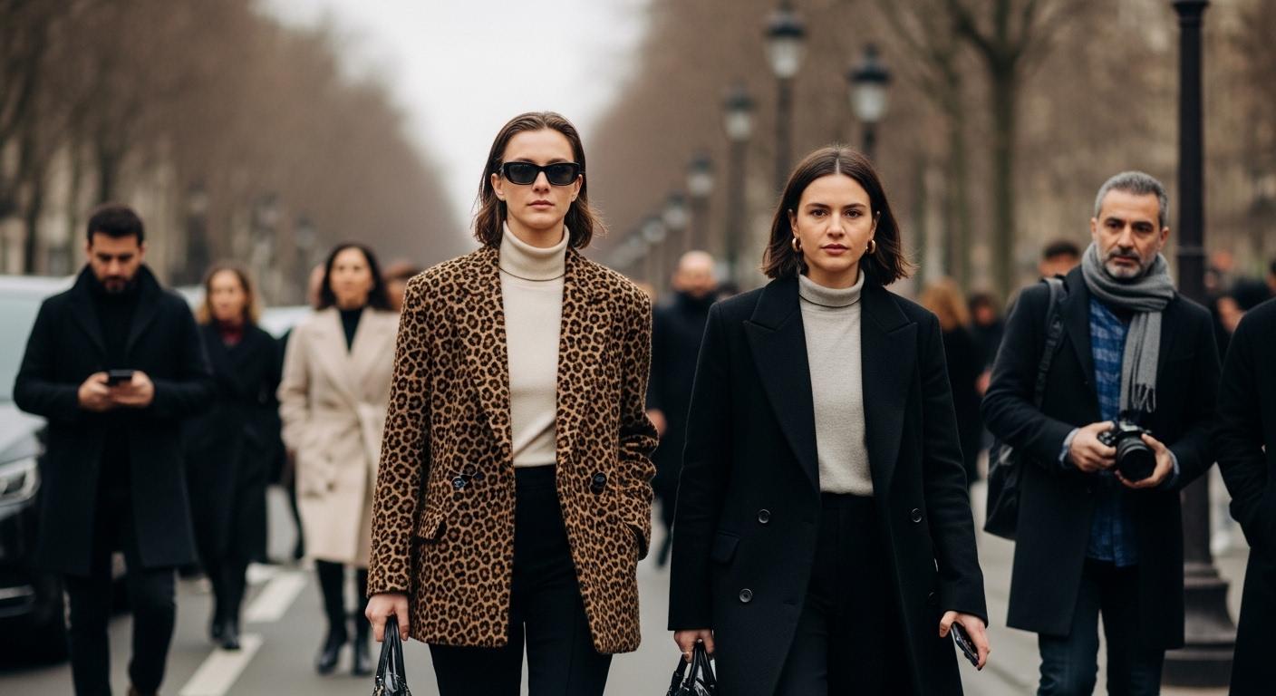 Brazilian fashion observer in Paris showcasing a tailored overcoat with bright sneakers and minimal accessories