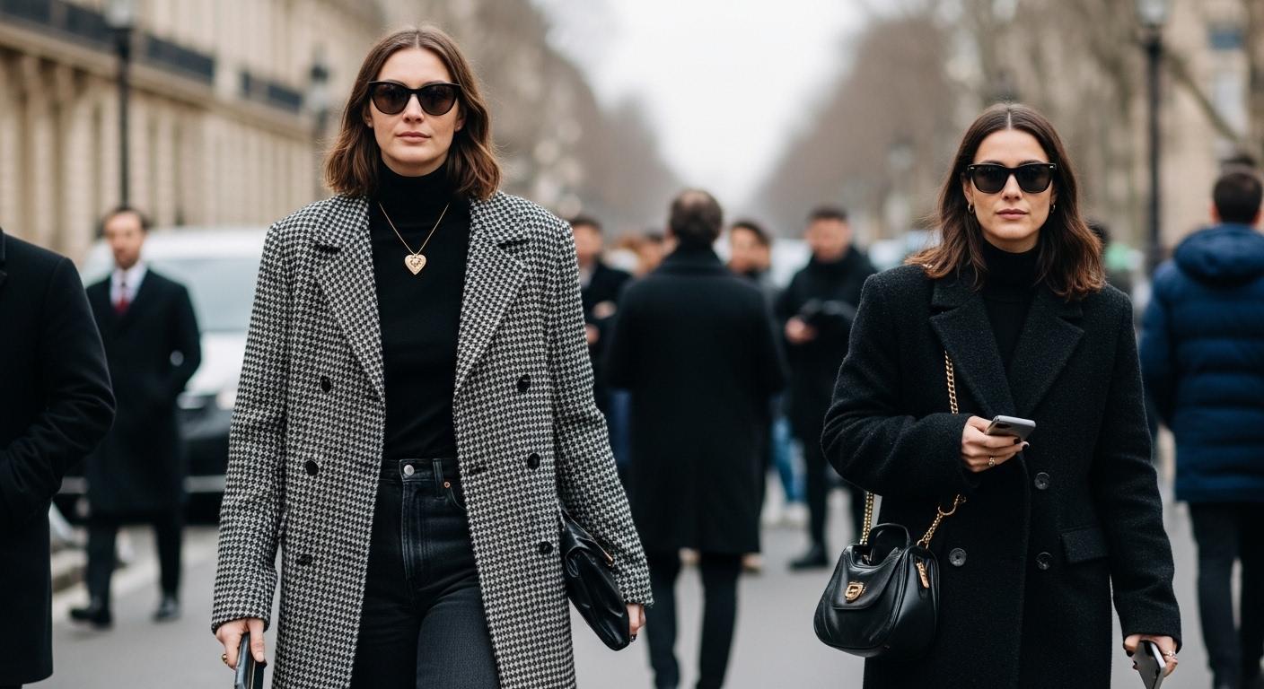 Street style at Paris Fashion Week featuring bold silhouettes and urban backdrop.