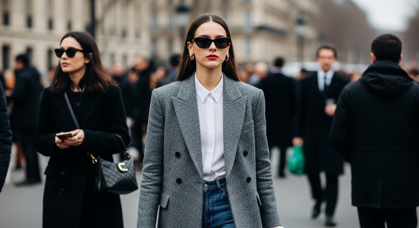 Street style looks at Paris Fashion Week with utilitarian layers and chunky sneakers, photographed in an urban Paris bac