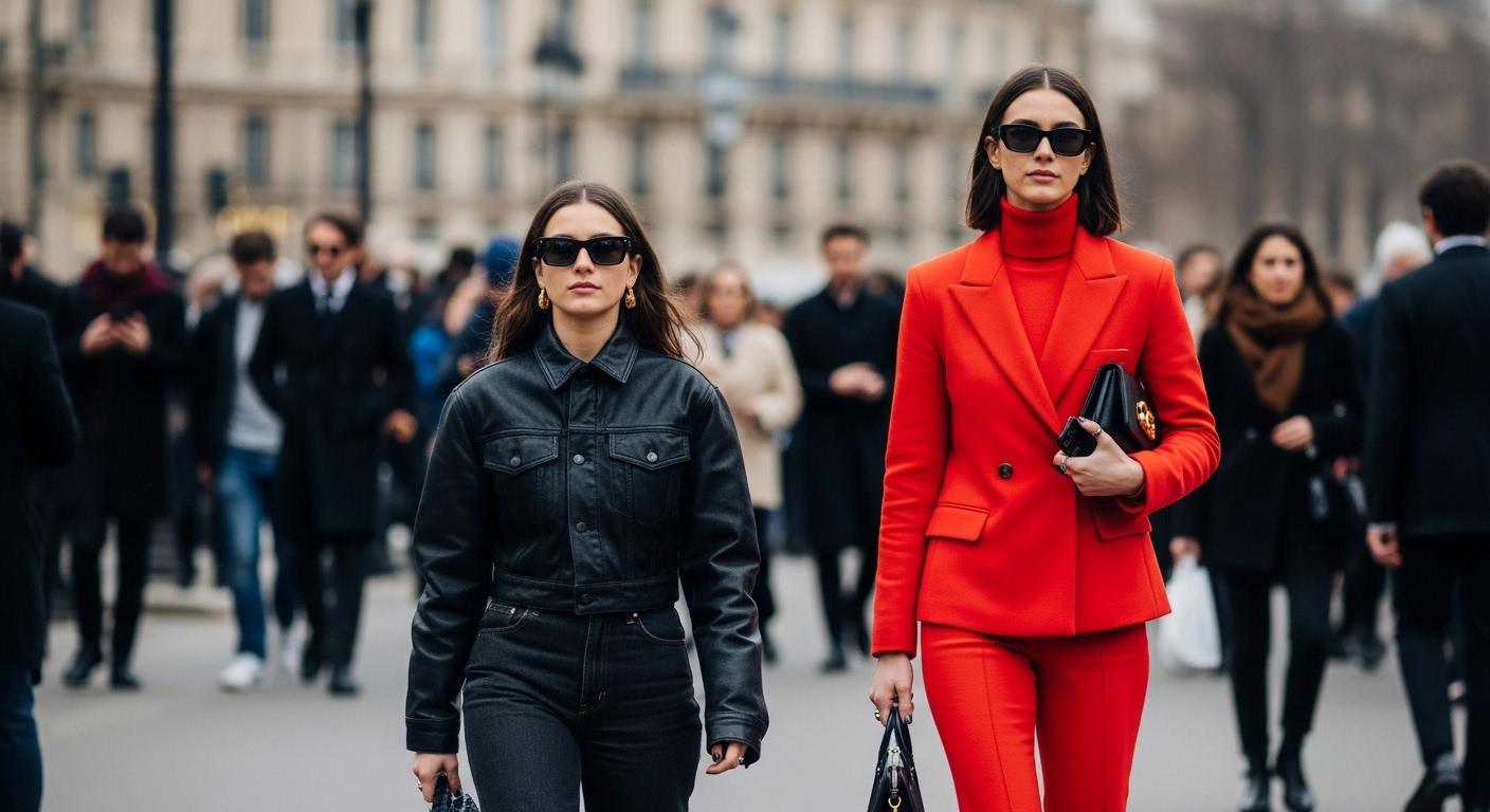 Street style looks at Paris Fashion Week with utilitarian layers and chunky sneakers, photographed in an urban Paris bac