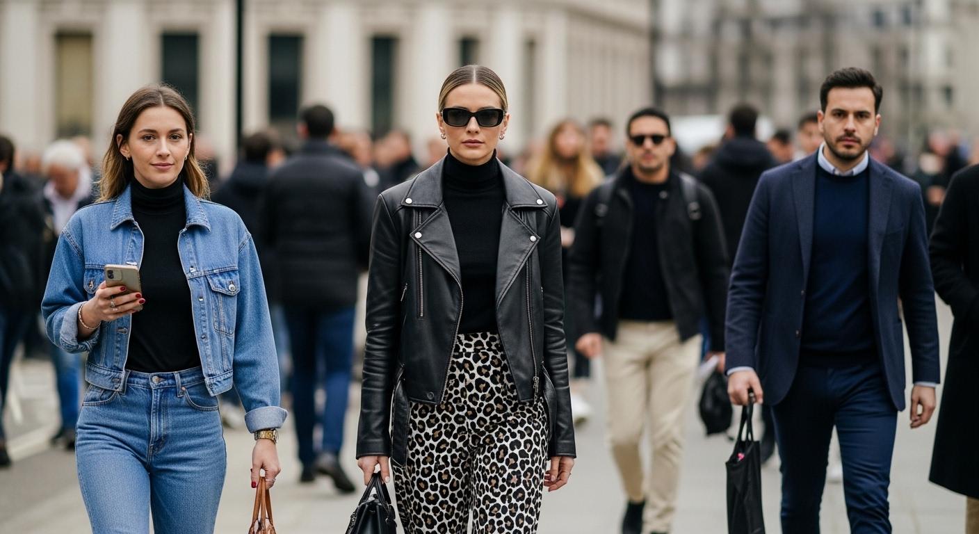 London Fashion Week street style crowd with layered outfits and chunky footwear near Somerset House