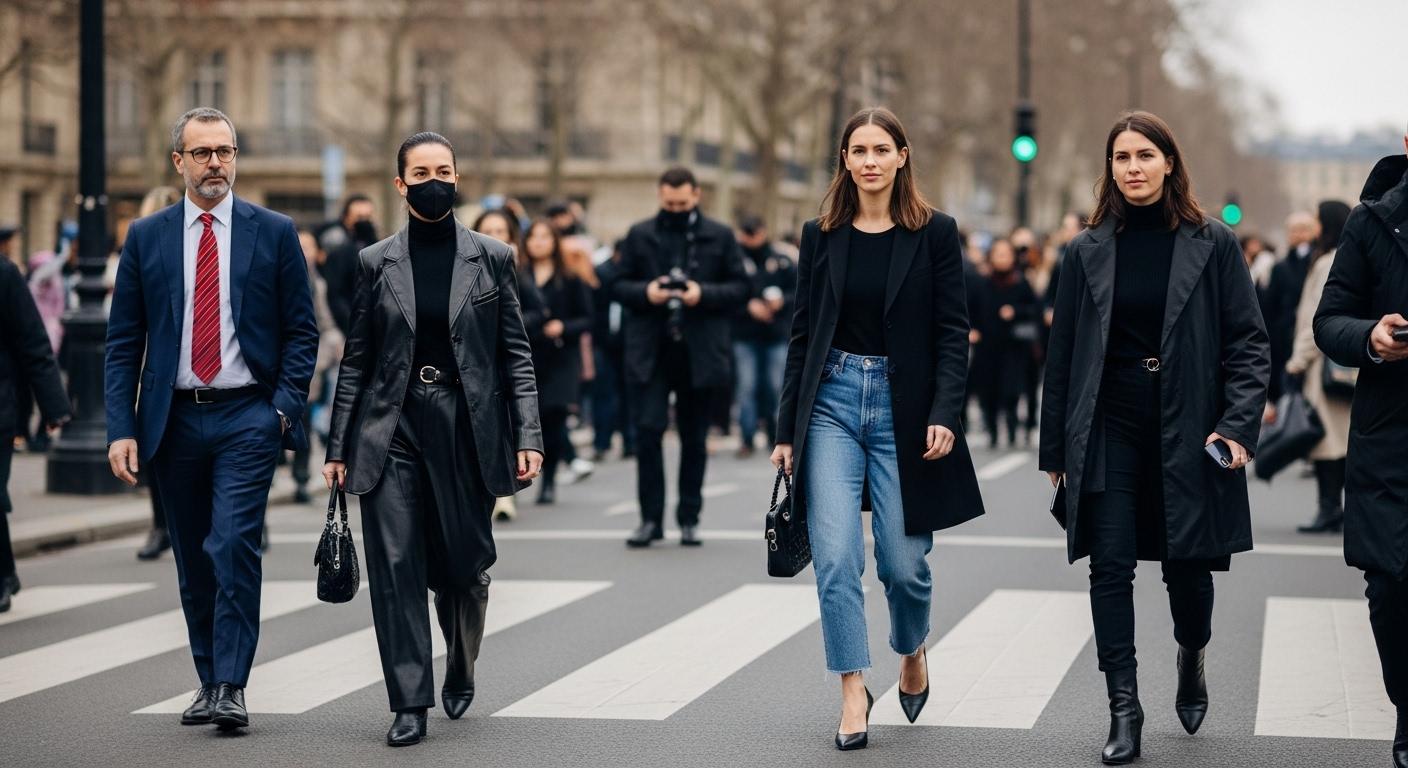 Street style outside Paris Fashion Week venue featuring bold color-block coats and sneakers