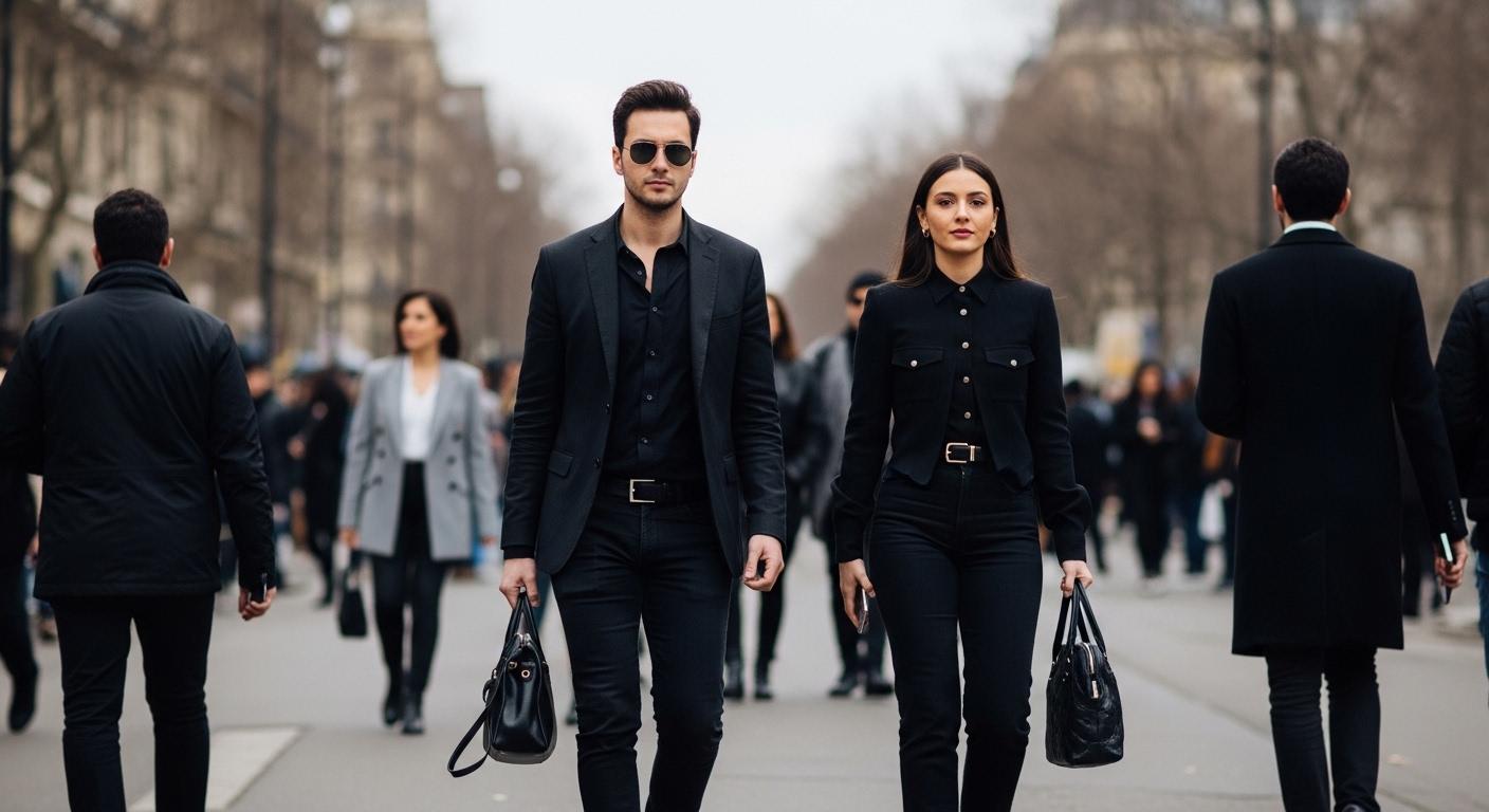 People in Paris fashion week street style with oversized blazers and chunky sneakers near venue entrance