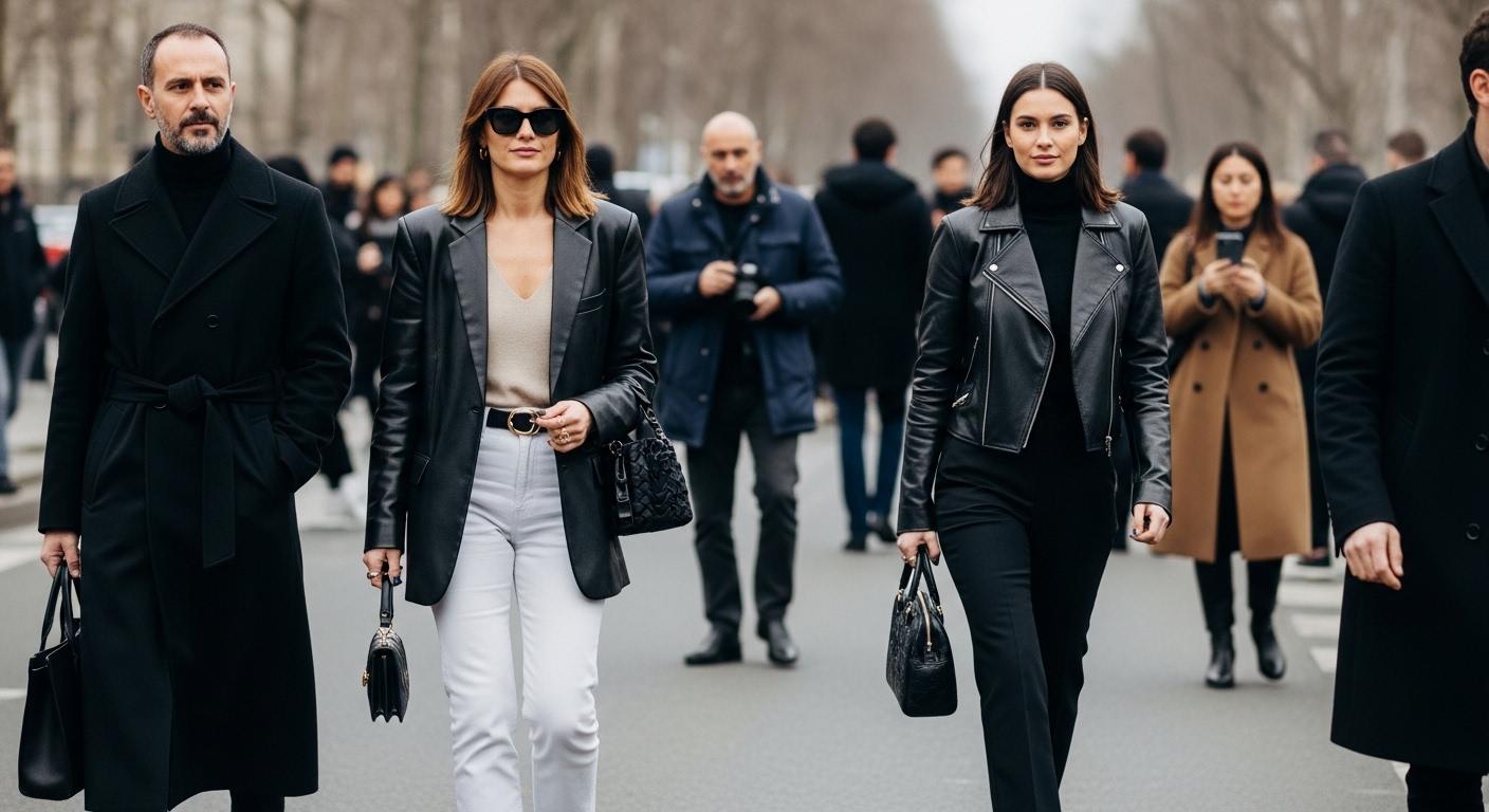 People in Paris fashion week street style with oversized blazers and chunky sneakers near venue entrance