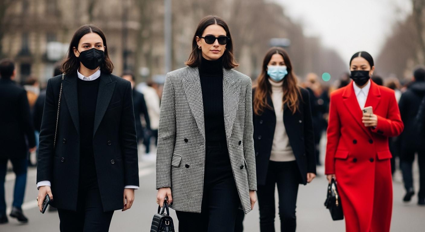 Parisians on the sidewalk during Paris Fashion Week showcasing street style.